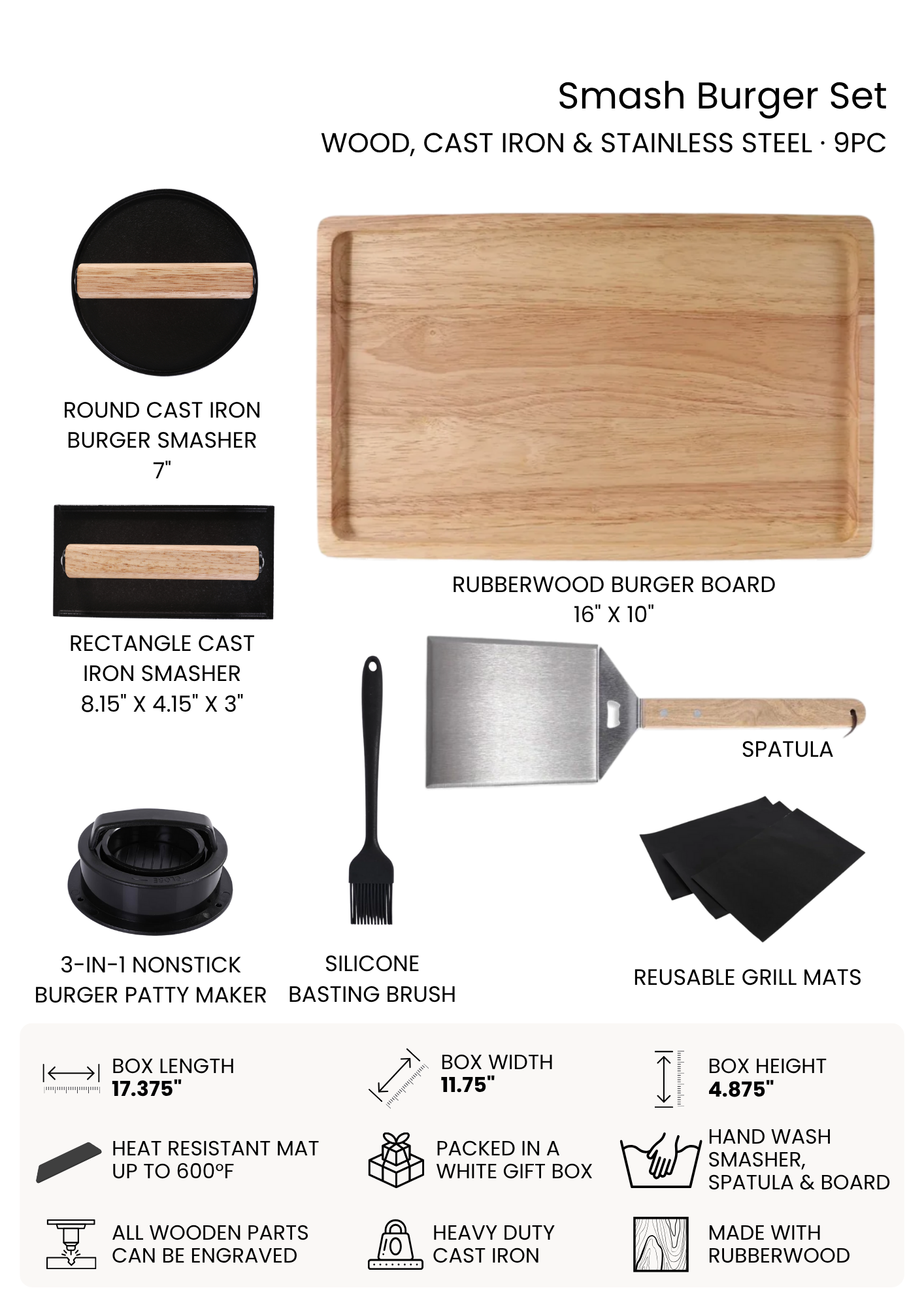 Personalized Smash Burger Set — 9-Piece Cast Iron, Wood & Stainless Steel Gift Set